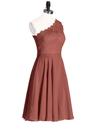 One Shoulder Short Lace Bridesmaid Dress Terracotta