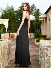 Square Neck Lace Bridesmaid Gown with Slit Black