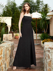 Square Neck Lace Bridesmaid Gown with Slit Black