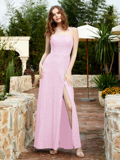Square Neck Lace Bridesmaid Gown with Slit Blushing Pink
