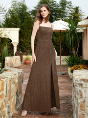 Square Neck Lace Bridesmaid Gown with Slit Brown