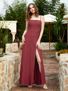 Square Neck Lace Bridesmaid Gown with Slit Burgundy