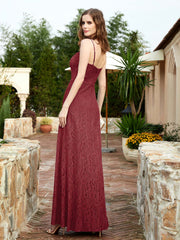 Square Neck Lace Bridesmaid Gown with Slit Burgundy