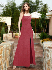 Square Neck Lace Bridesmaid Gown with Slit Burgundy