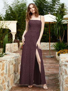 Square Neck Lace Bridesmaid Gown with Slit Cabernet