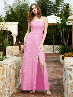 Square Neck Lace Bridesmaid Gown with Slit Candy Pink