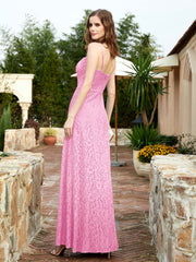 Square Neck Lace Bridesmaid Gown with Slit Candy Pink