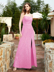 Square Neck Lace Bridesmaid Gown with Slit Candy Pink