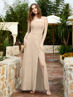 Square Neck Lace Bridesmaid Gown with Slit Champagne