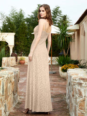 Square Neck Lace Bridesmaid Gown with Slit Champagne