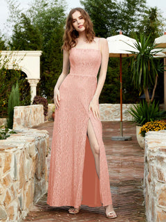 Square Neck Lace Bridesmaid Gown with Slit Coral