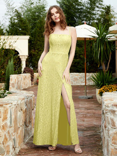 Square Neck Lace Bridesmaid Gown with Slit Daffodil