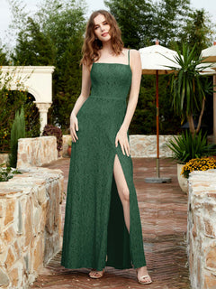 Square Neck Lace Bridesmaid Gown with Slit Dark Green