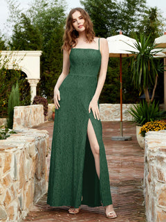 Square Neck Lace Bridesmaid Gown with Slit Dark Green Plus Size