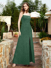 Square Neck Lace Bridesmaid Gown with Slit Dark Green