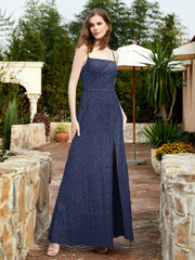 Square Neck Lace Bridesmaid Gown with Slit Dark Navy