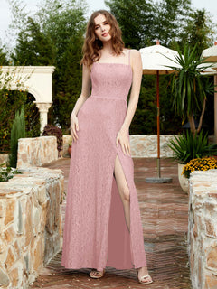 Square Neck Lace Bridesmaid Gown with Slit Dusty Rose