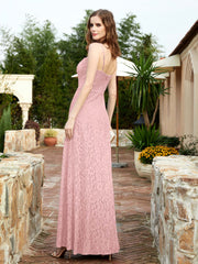 Square Neck Lace Bridesmaid Gown with Slit Dusty Rose