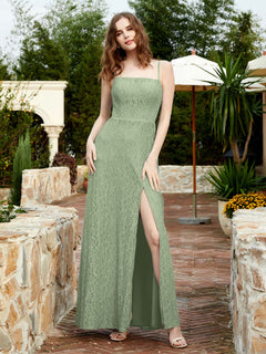 Square Neck Lace Bridesmaid Gown with Slit Dusty Sage