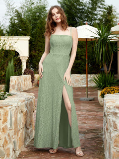 Square Neck Lace Bridesmaid Gown with Slit Dusty Sage Plus Size