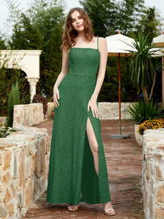Square Neck Lace Bridesmaid Gown with Slit Emerald