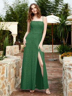 Square Neck Lace Bridesmaid Gown with Slit Emerald Plus Size