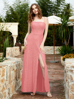 Square Neck Lace Bridesmaid Gown with Slit Flamingo Plus Size