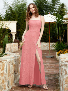 Square Neck Lace Bridesmaid Gown with Slit Flamingo
