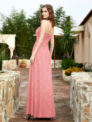 Square Neck Lace Bridesmaid Gown with Slit Flamingo