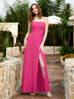 Square Neck Lace Bridesmaid Gown with Slit Fuchsia