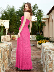 Square Neck Lace Bridesmaid Gown with Slit Fuchsia