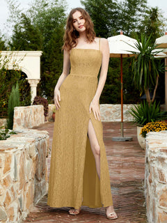 Square Neck Lace Bridesmaid Gown with Slit Gold