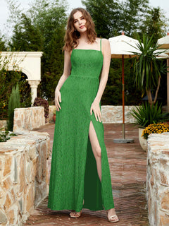 Square Neck Lace Bridesmaid Gown with Slit Green