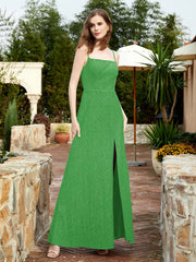 Square Neck Lace Bridesmaid Gown with Slit Green