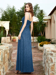 Square Neck Lace Bridesmaid Gown with Slit Ink Blue