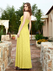 Square Neck Lace Bridesmaid Gown with Slit Lemon