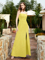 Square Neck Lace Bridesmaid Gown with Slit Lemon
