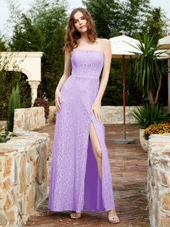 Square Neck Lace Bridesmaid Gown with Slit Lilac