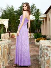 Square Neck Lace Bridesmaid Gown with Slit Lilac
