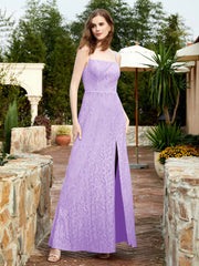 Square Neck Lace Bridesmaid Gown with Slit Lilac