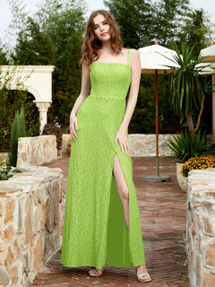 Square Neck Lace Bridesmaid Gown with Slit Lime Green