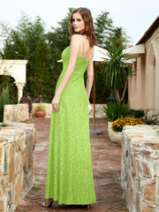 Square Neck Lace Bridesmaid Gown with Slit Lime Green