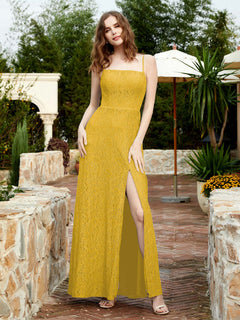 Square Neck Lace Bridesmaid Gown with Slit Marigold