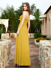 Square Neck Lace Bridesmaid Gown with Slit Marigold