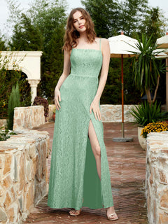 Square Neck Lace Bridesmaid Gown with Slit Mint Green