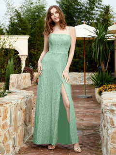 Square Neck Lace Bridesmaid Gown with Slit Mint Green Plus Size