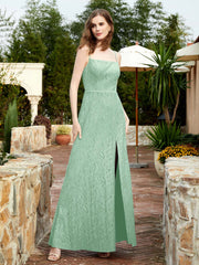 Square Neck Lace Bridesmaid Gown with Slit Mint Green