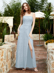 Square Neck Lace Bridesmaid Gown with Slit Mist Plus Size