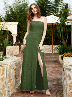 Square Neck Lace Bridesmaid Gown with Slit Moss
