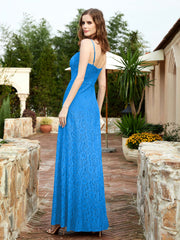 Square Neck Lace Bridesmaid Gown with Slit Ocean Blue
